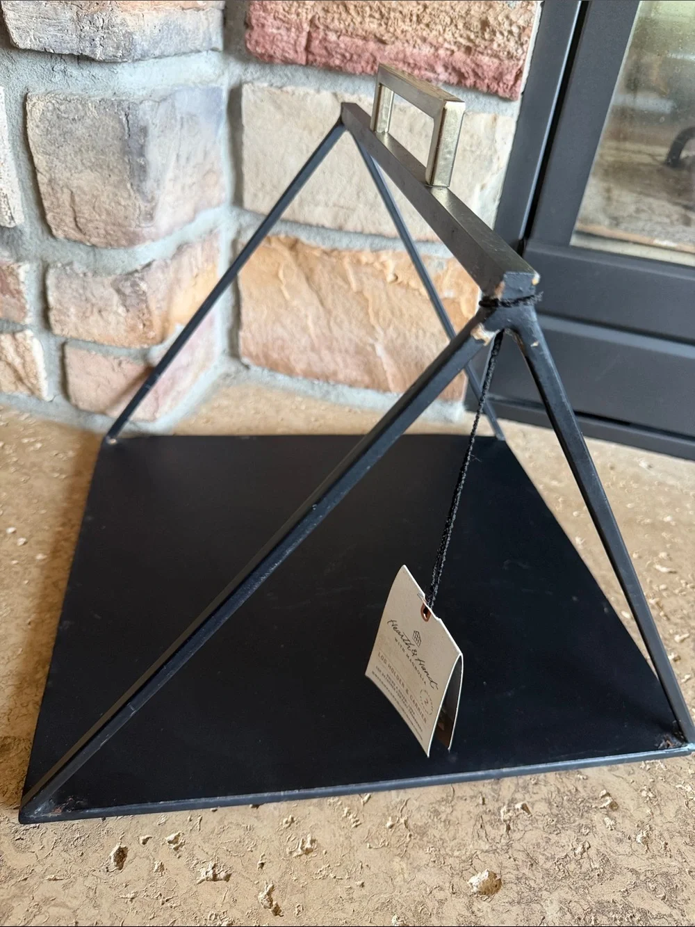 Hearth & Hand Black Metal Pyramid Log Holder & Carrier with Brass Handle Accent